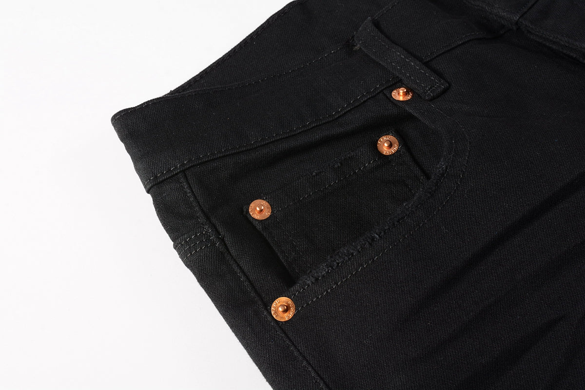 Men Streetwear Skinny Jeans Black Wash with All-Over Metallic Gold "P" Print 9008