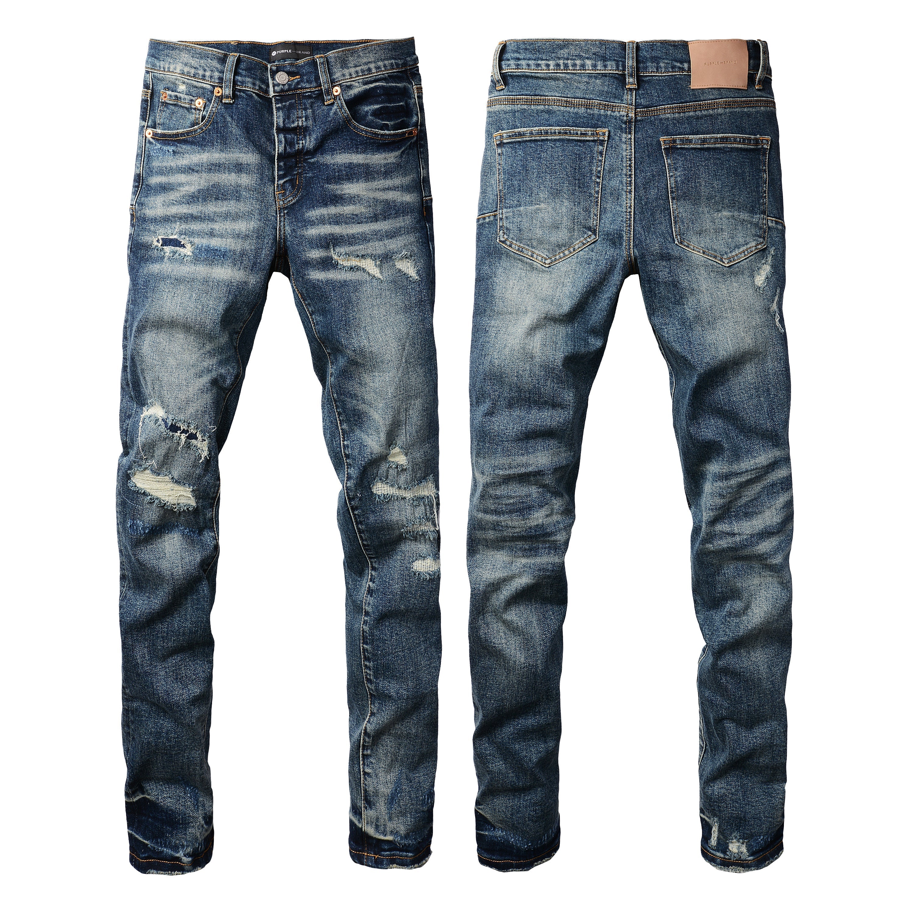 Men Classic Streetwear Jeans Distressed Dark Blue Ripped skinny 9096