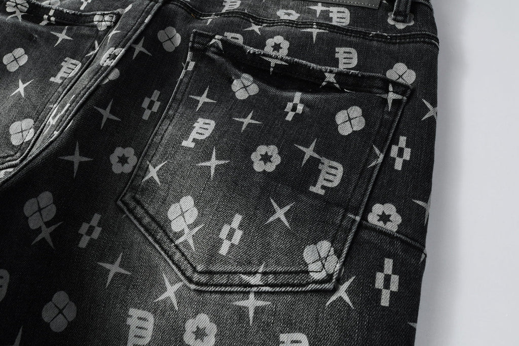 Men Classic Street Skinny Jeans Dark Grey Monogram Print All Over Distressed Style 9112