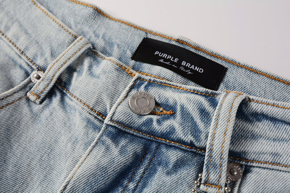 Men Streetwear Denim Shorts Light Blue Wash with Distressed Rips and Raw Hem 5088