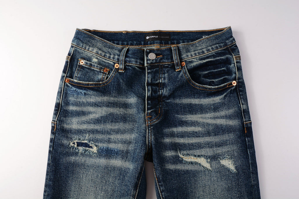 Men Classic Streetwear Jeans Distressed Dark Blue Ripped skinny 9096