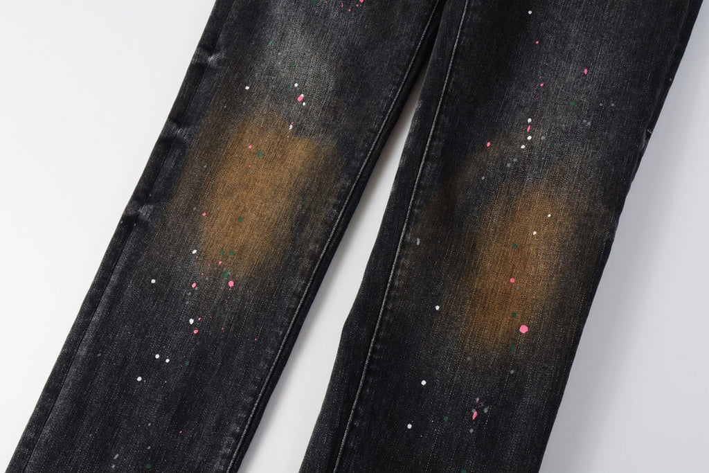 Men’s Black Skinny Jeans with Rust-Toned Wash and Multicolor Paint Splatter Artistic Distressed Street 9109