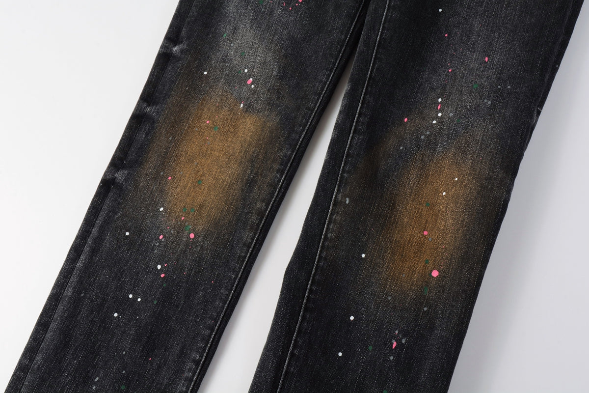 Men’s Black Skinny Jeans with Rust-Toned Wash and Multicolor Paint Splatter Artistic Distressed Street 9109