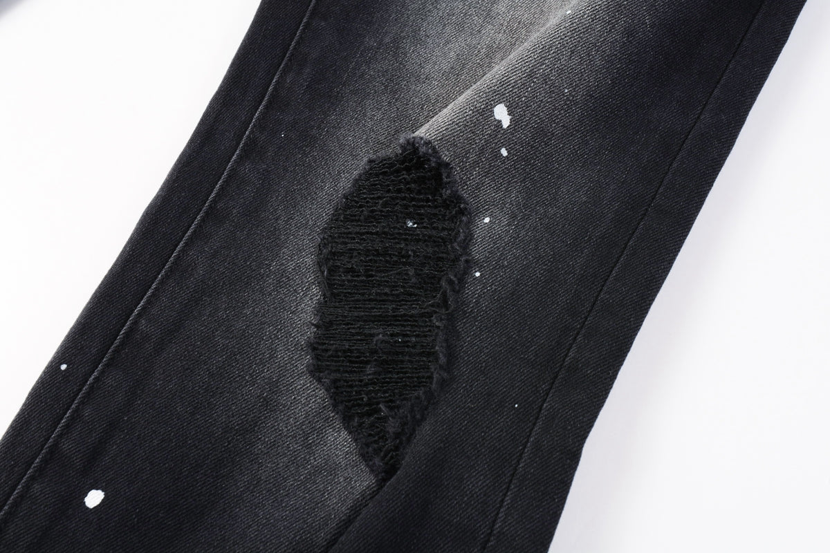 Men Streetwear Jeans Distressed Black Paint Splash Patch Ripped skinny 9099