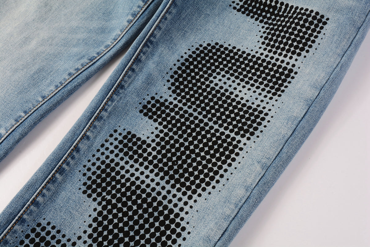 Men Streetwear Skinny Jeans Light Blue Wash with Black Pixelated Pattern Print 9052