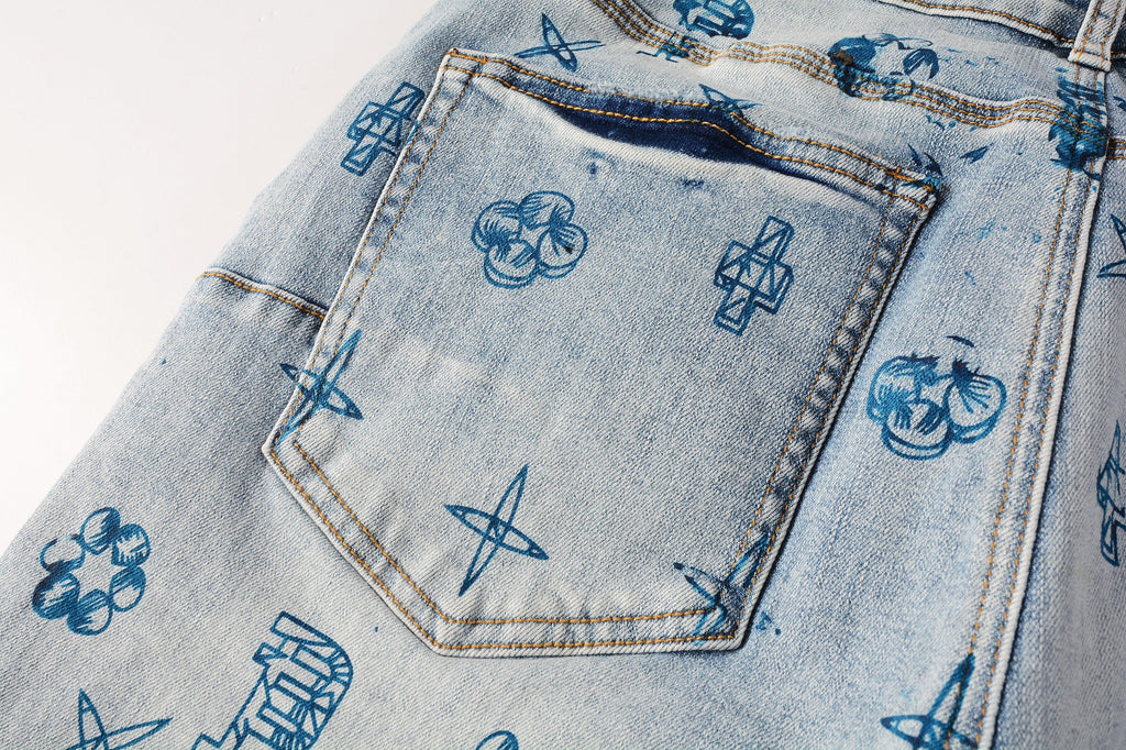 Men Streetwear Denim Shorts Light Blue Wash with Blue Graphic Print and Raw Hem 5063