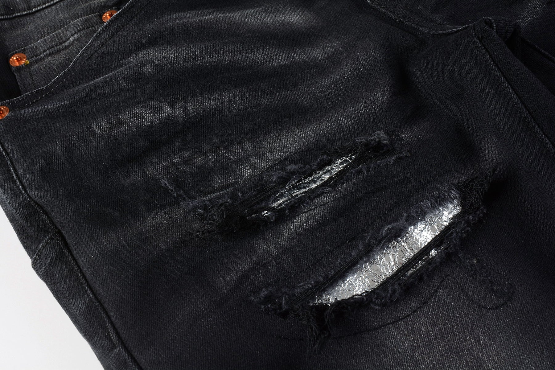 Men Streetwear Skinny Jeans Black Wash with Distressed Rips, Checkered Patches and White Paint Splatter 9001