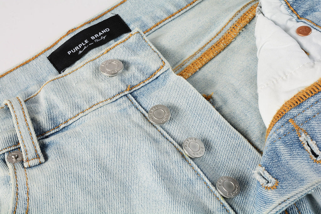 Men Streetwear Denim Shorts Light Blue Wash with Colorful Patched Rips and Raw Hem 5067