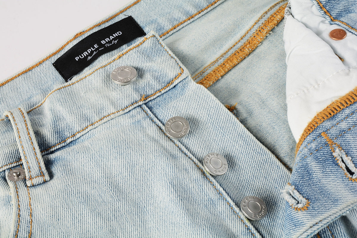 Men Streetwear Denim Shorts Light Blue Wash with Colorful Patched Rips and Raw Hem 5067