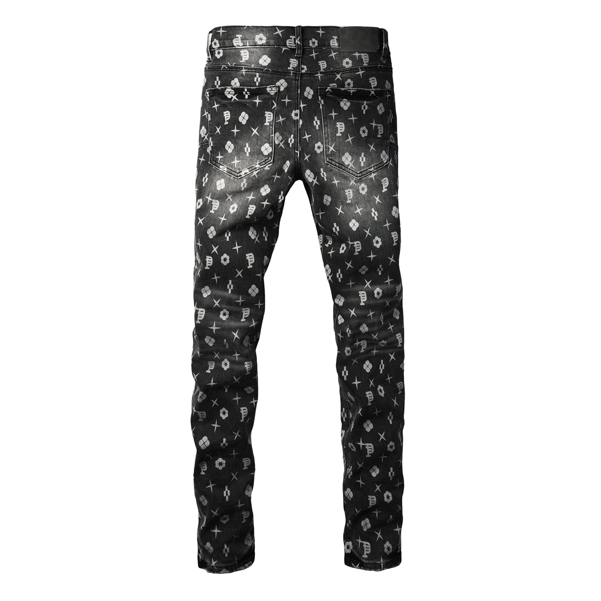 Men Classic Street Skinny Jeans Dark Grey Monogram Print All Over Distressed Style 9112