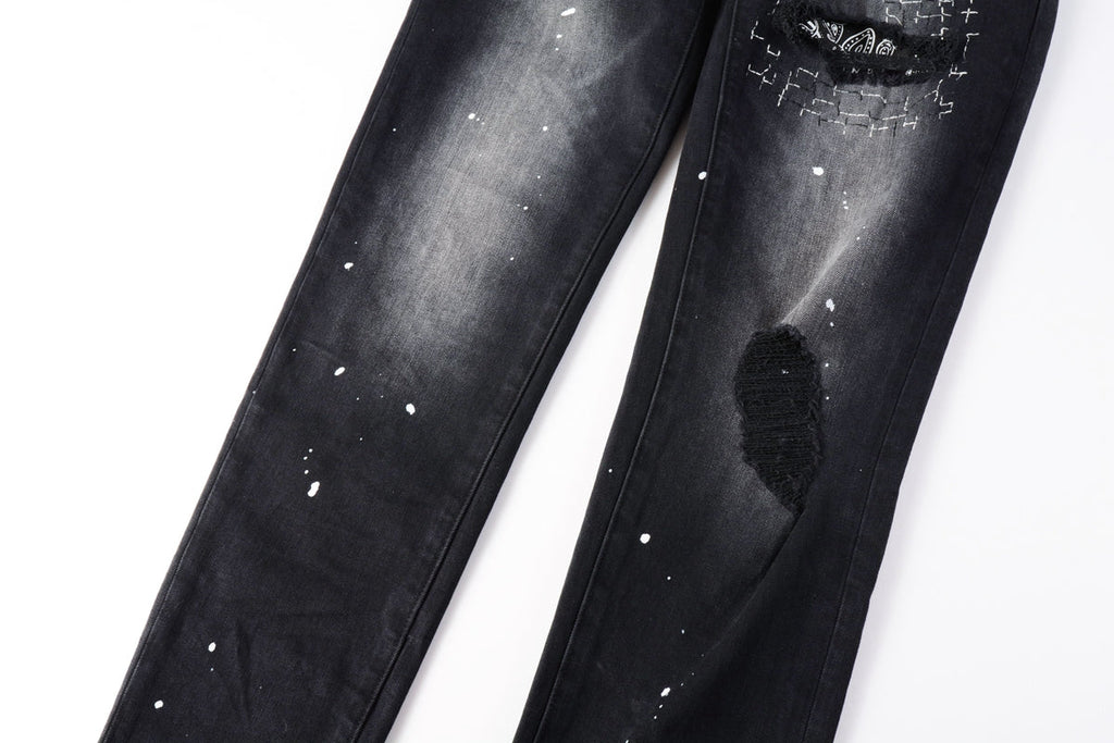 Men Streetwear Jeans Distressed Black Paint Splash Patch Ripped skinny 9099