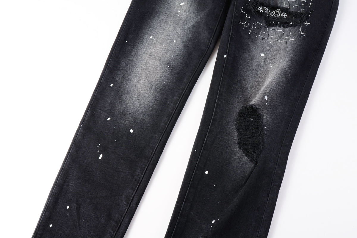 Men Streetwear Jeans Distressed Black Paint Splash Patch Ripped skinny 9099