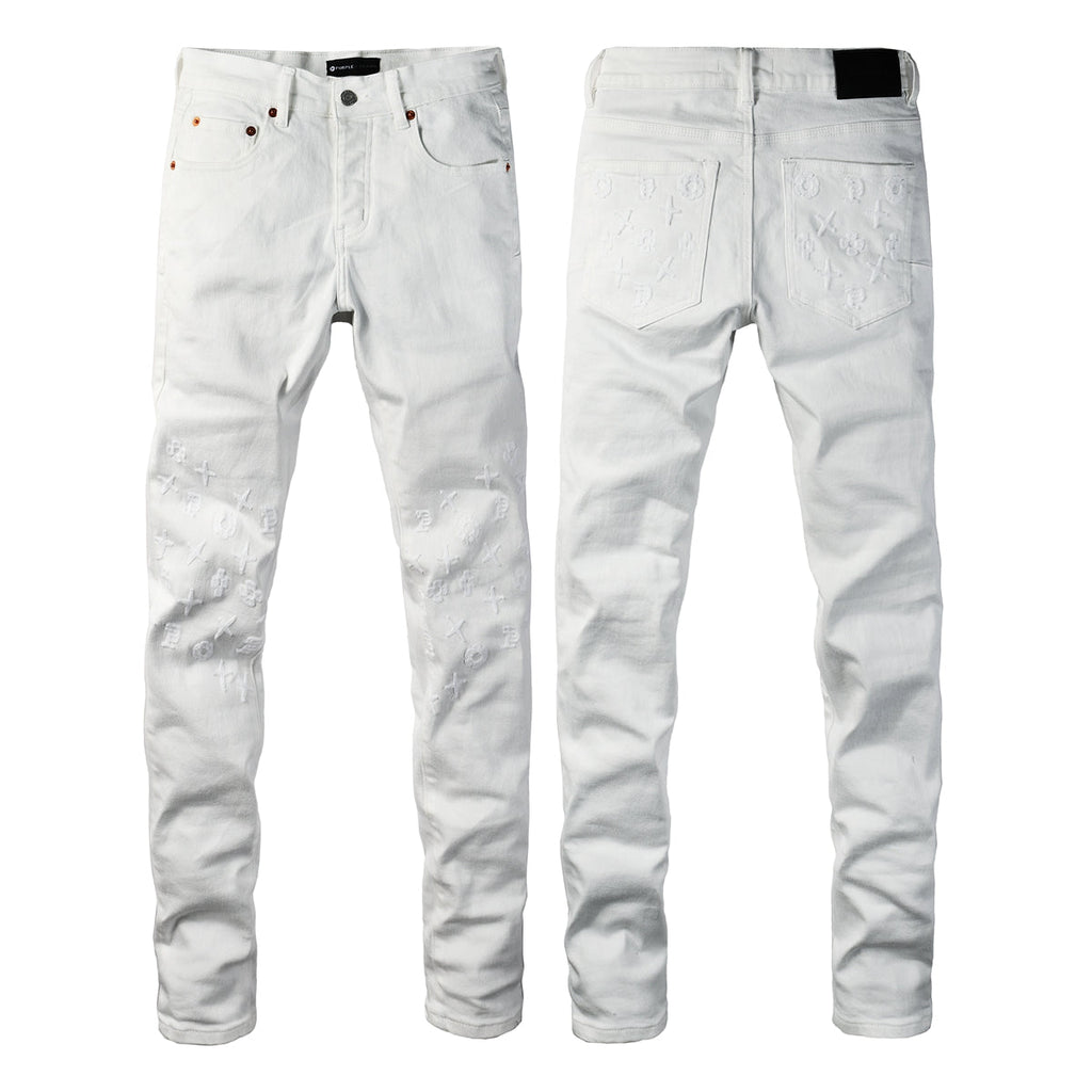 Men Designer Streetwear Skinny Jeans Solid White with 3D Embossed Monogram Pattern 9113