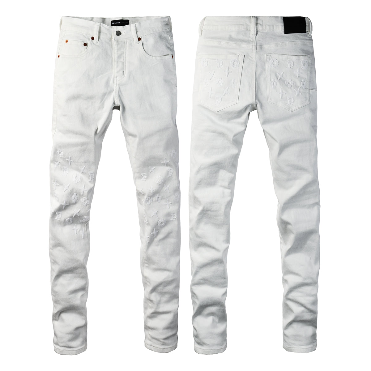 Men Designer Streetwear Skinny Jeans Solid White with 3D Embossed Monogram Pattern 9113