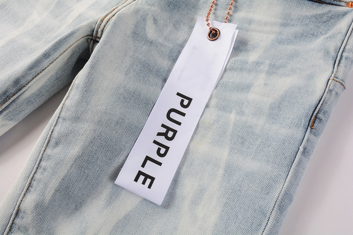 Men Streetwear Skinny Jeans Light Blue Wash with White Brushstroke Texture 7017