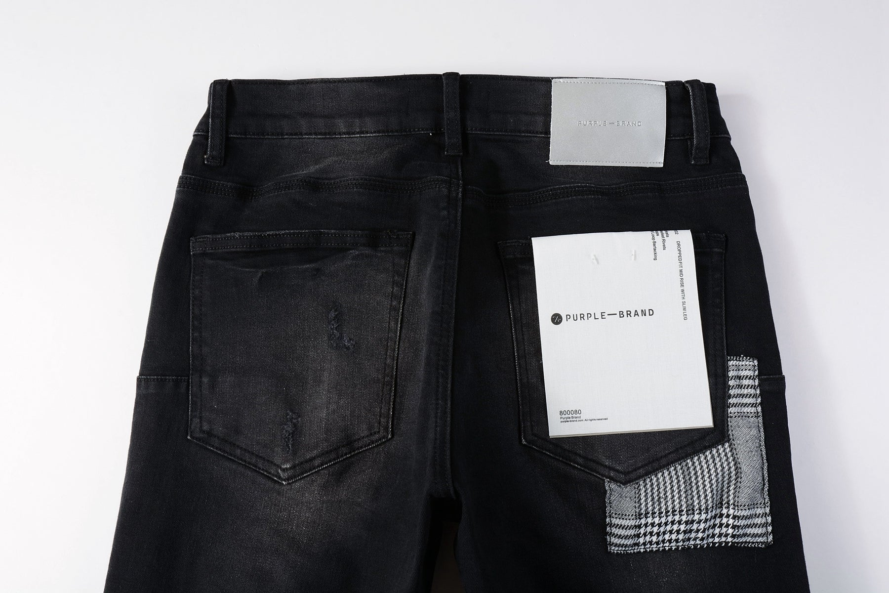 Men Streetwear Skinny Jeans Black Wash with Distressed Rips, Checkered Patches and White Paint Splatter 9001