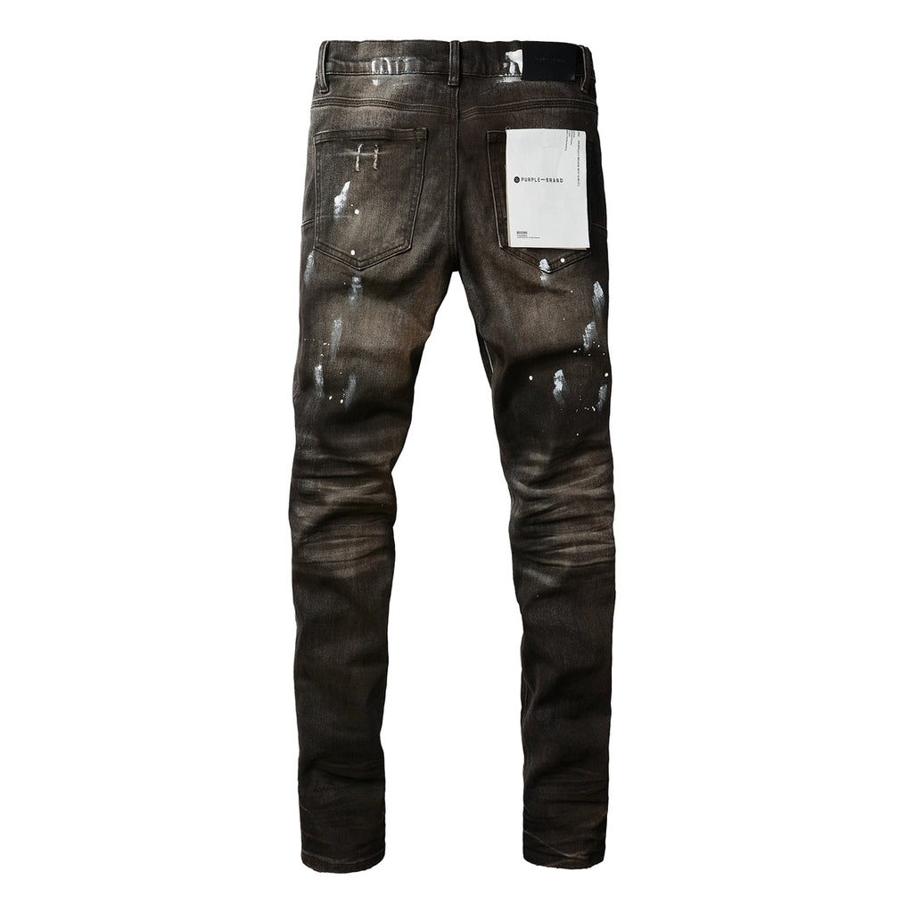 Men Streetwear Skinny Jeans Dark Gray Wash with White Paint Splatter and Distressed Rips 9030