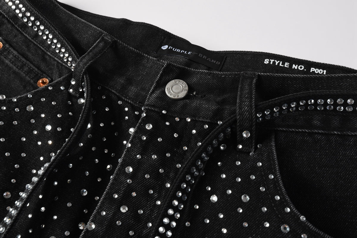 Men Streetwear Black Denim Shorts with Allover Rhinestone Studs and Zipper Details 5095