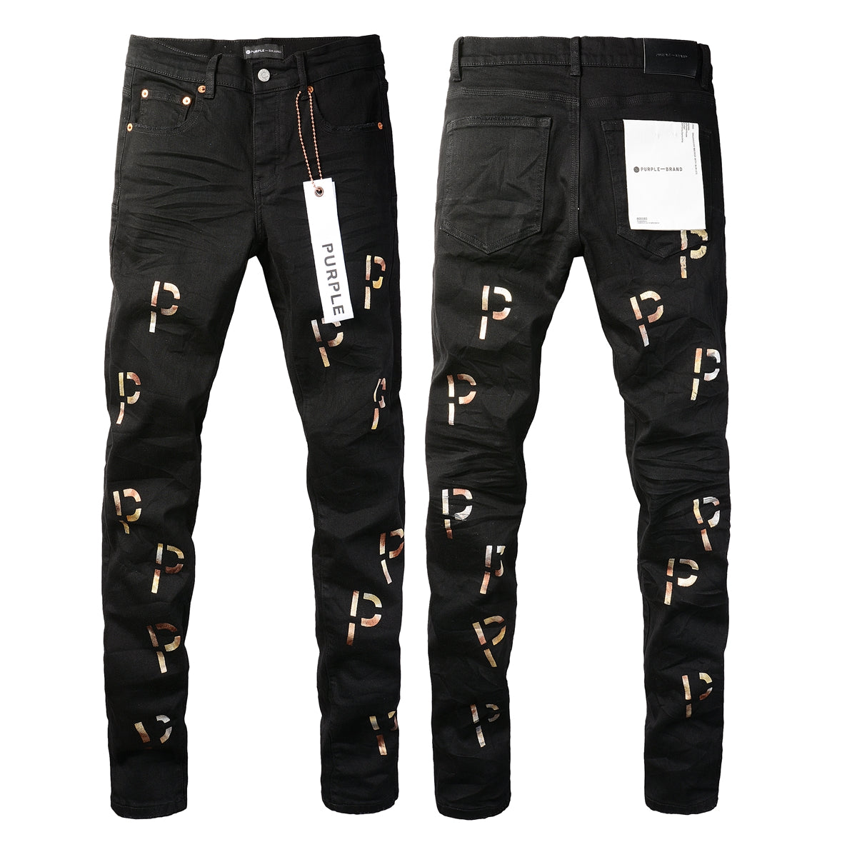 Men Streetwear Skinny Jeans Black Wash with All-Over Metallic Gold "P" Print 9008
