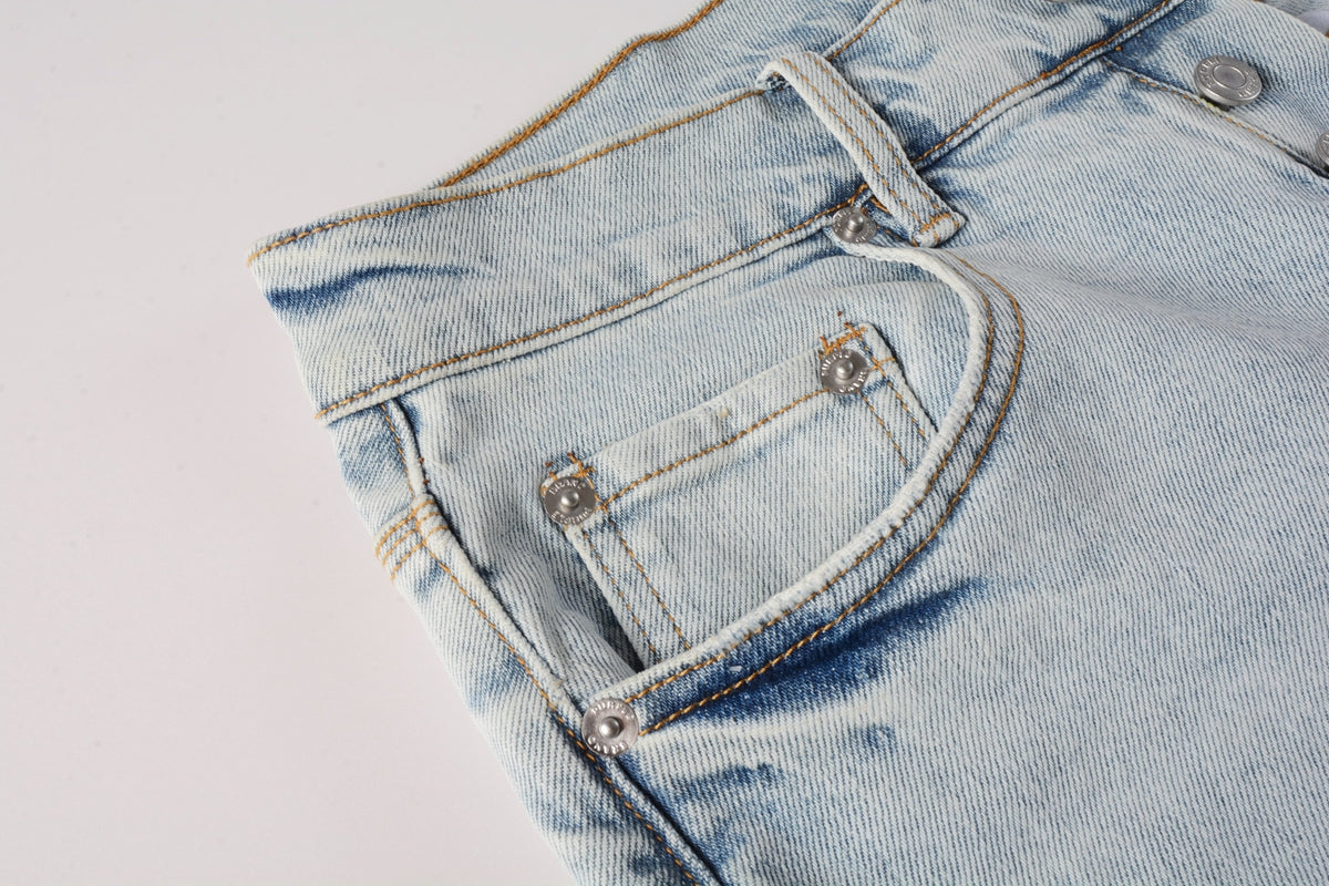 Men Streetwear Denim Shorts Light Blue Wash with Distressed Rips and Raw Hem 5088