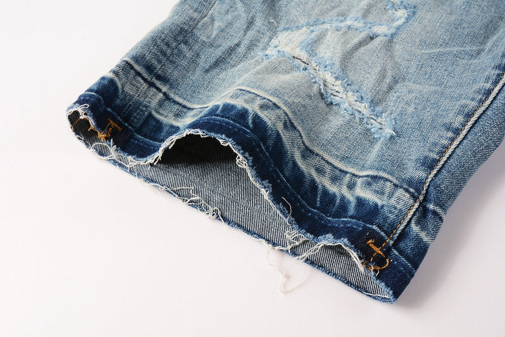 Men Streetwear Denim Shorts Light Blue Wash with Distressed Rips and Contrast Blue Hem 5013