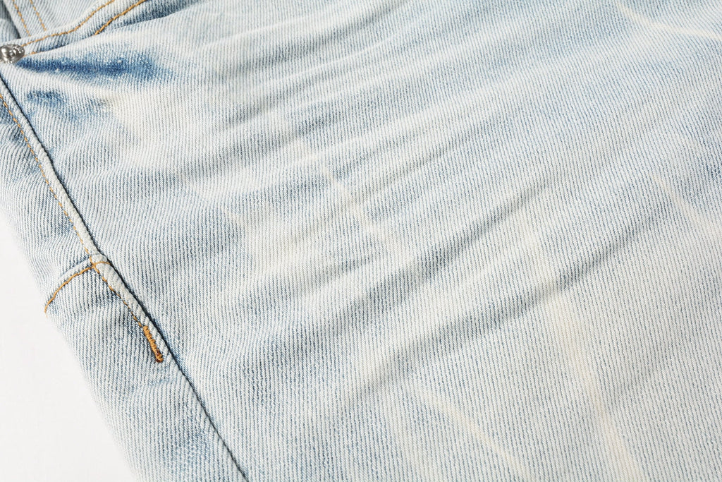 Men Streetwear Denim Shorts Light Blue Wash with Washed Distressed Raw Hem 5017