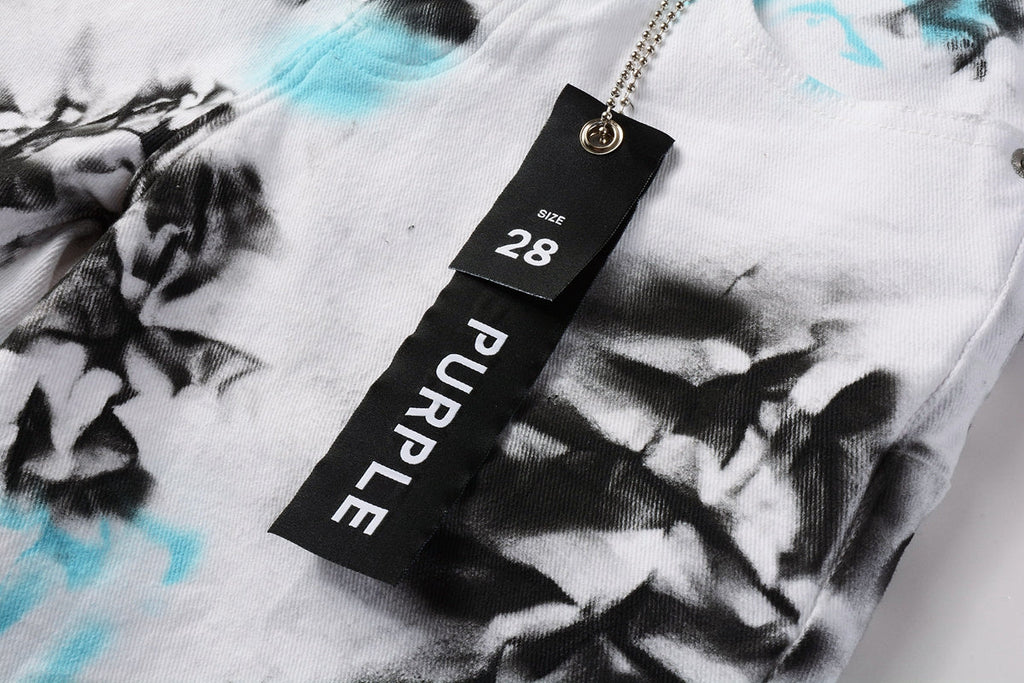 Men Streetwear Denim Shorts White Wash with Blue - Black Ink Floral Print and Raw Hem 5065