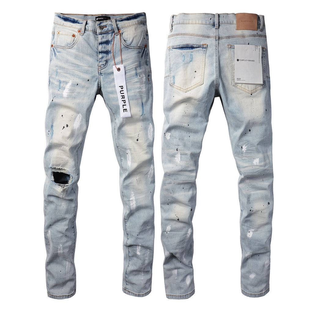 Men Streetwear Skinny Jeans Light Blue Wash with White Paint Splatter and Subtle Distress 9006