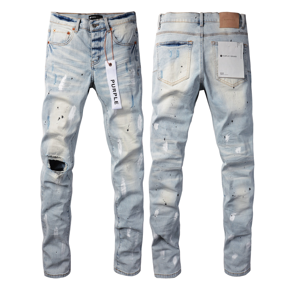 Men Streetwear Skinny Jeans Light Blue Wash with White Paint Splatter and Subtle Distress 9006