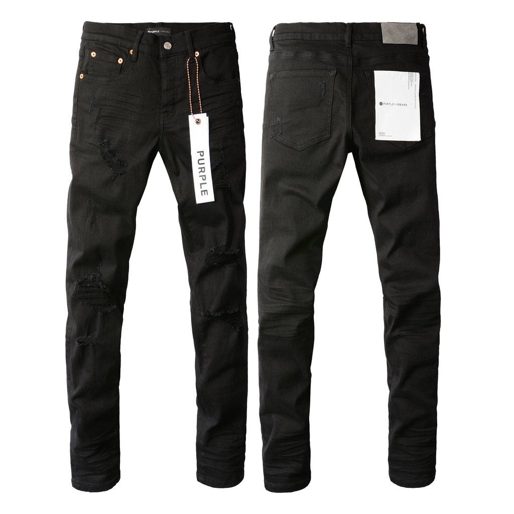 Men Streetwear Skinny Jeans Black Wash with Distressed Rip Details 9022