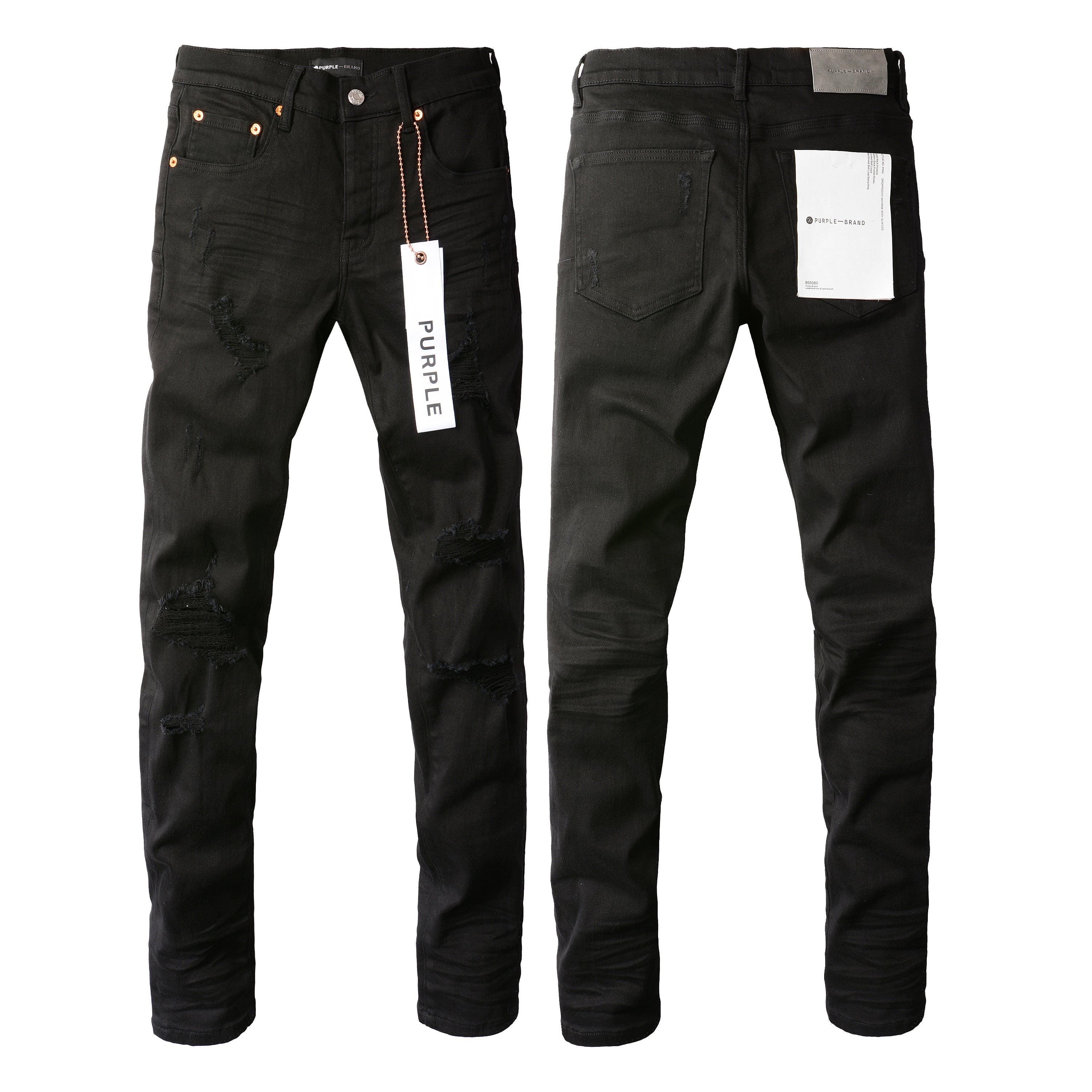 Men Streetwear Skinny Jeans Black Wash with Distressed Rip Details 9022