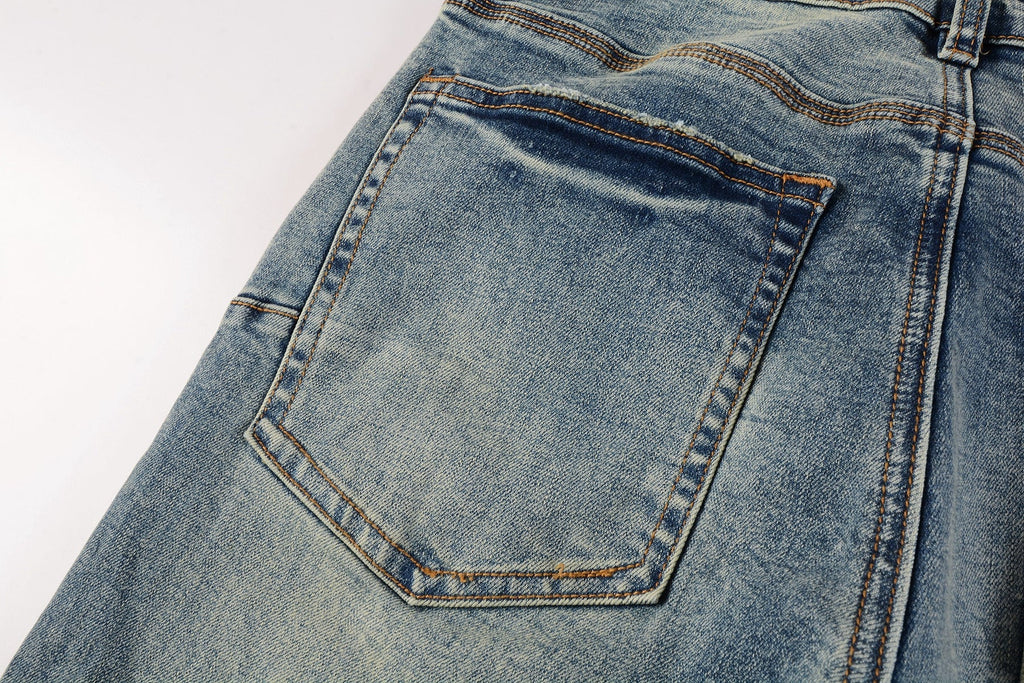 Men Streetwear Skinny Jeans Light Blue Wash with Patchwork Distressed Details 9015