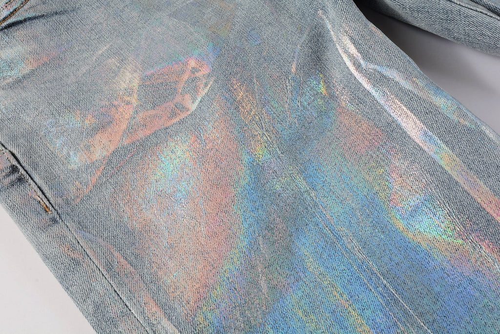 Men Streetwear Skinny Jeans Light Blue Wash with Holographic Iridescent Finish 9005