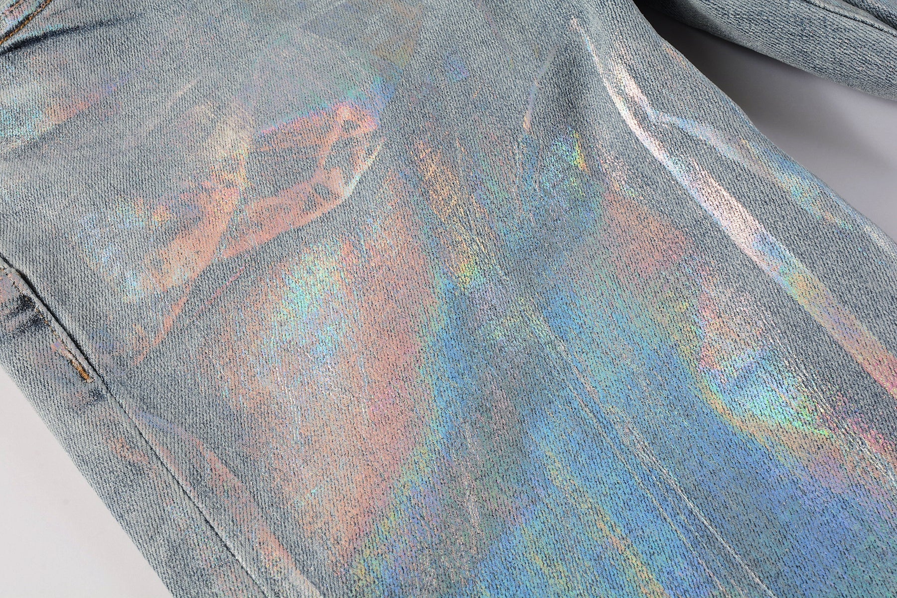 Men Streetwear Skinny Jeans Light Blue Wash with Holographic Iridescent Finish 9005