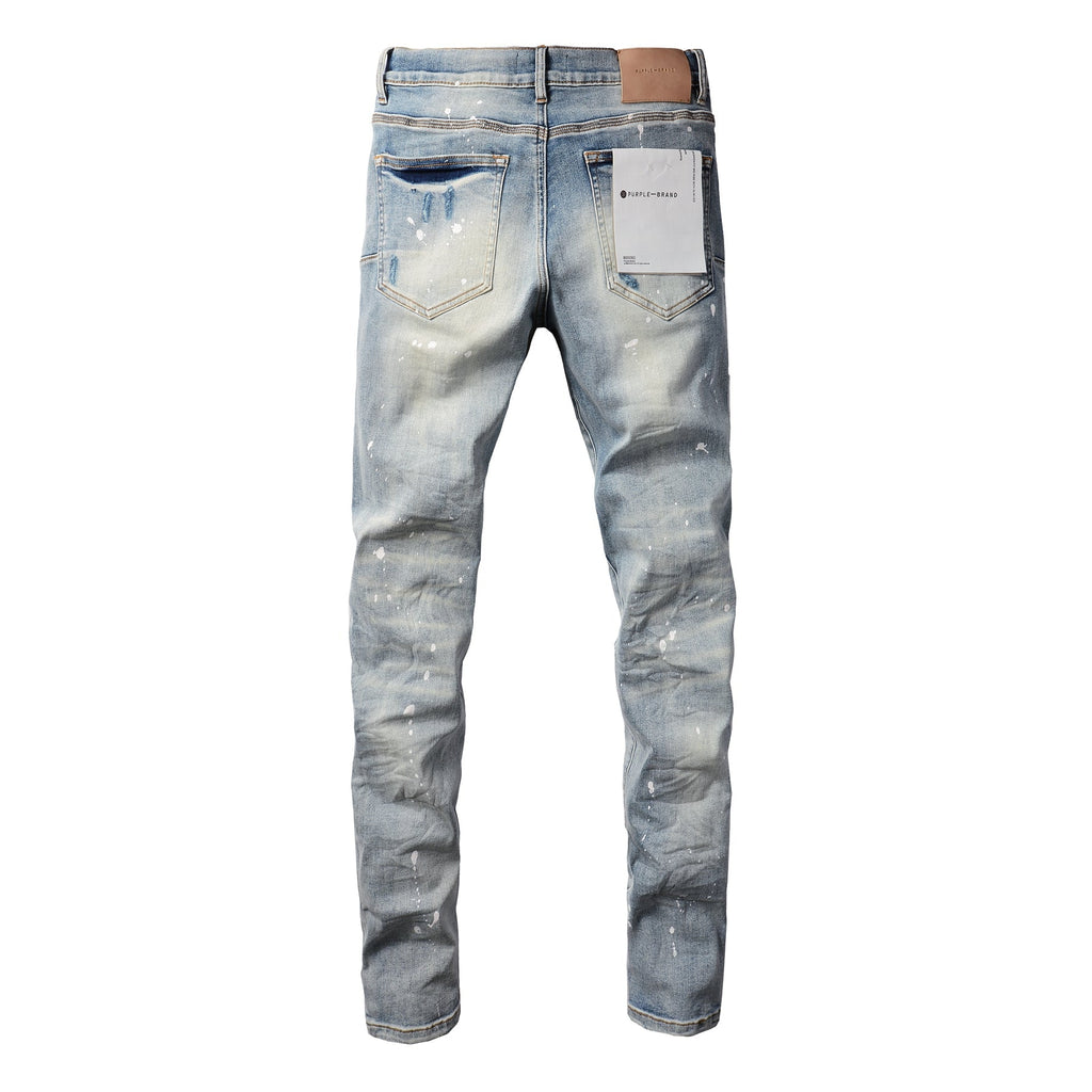 Men Streetwear Skinny Jeans Light Blue Wash with Heavy Distressed Rips and White Paint Splatter 9003