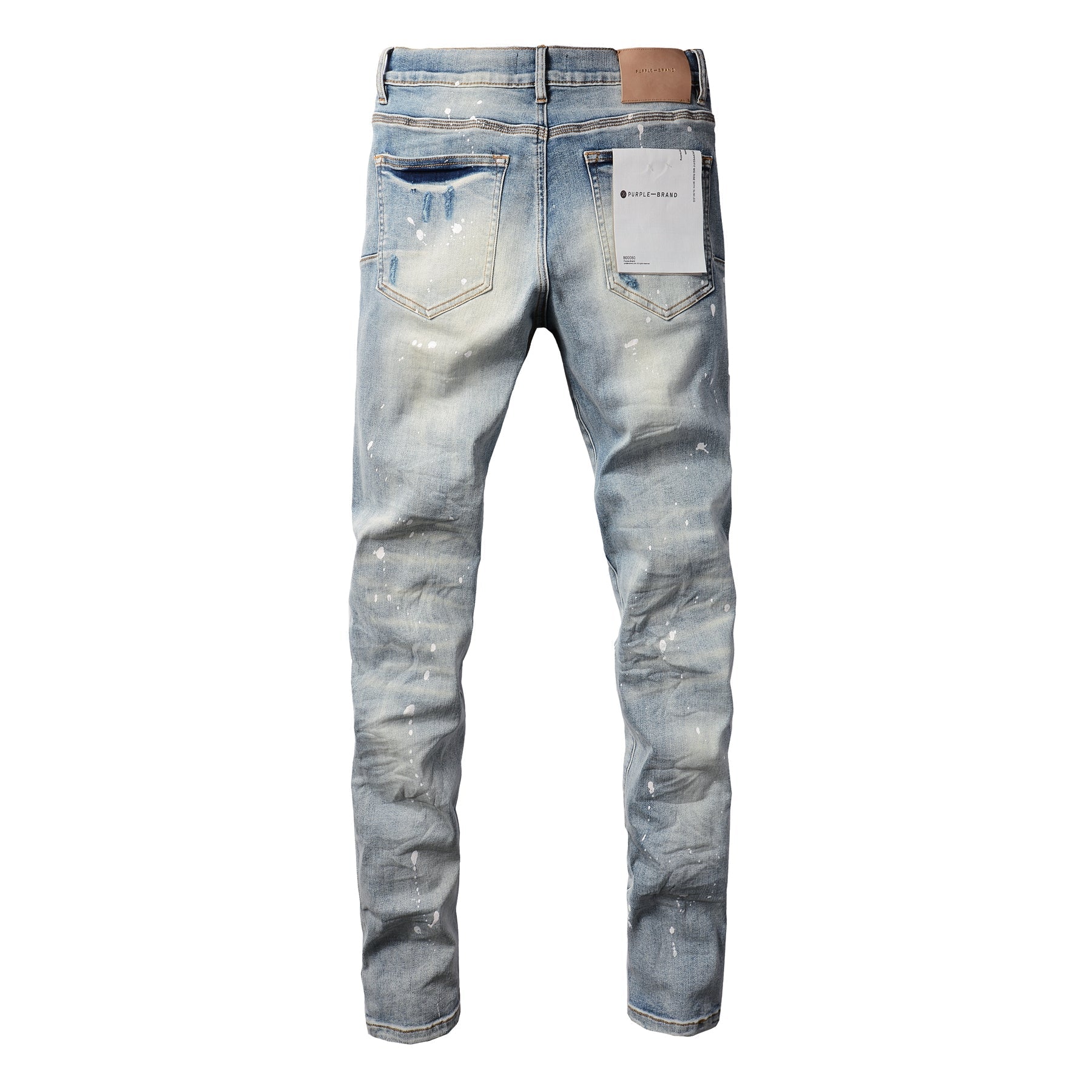 Men Streetwear Skinny Jeans Light Blue Wash with Heavy Distressed Rips and White Paint Splatter 9003