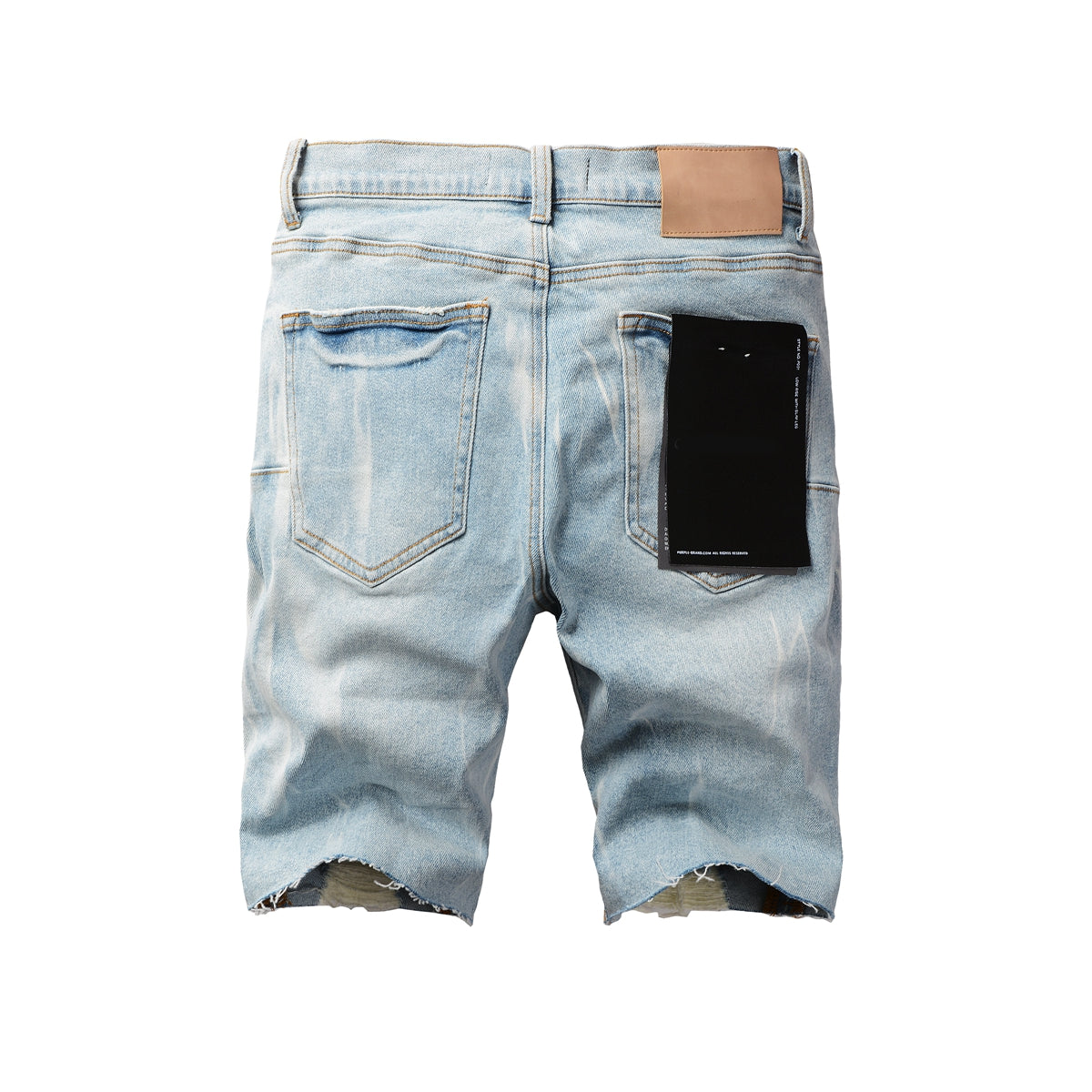 Men Streetwear Denim Shorts Light Blue Wash with White Distressed Patches and Raw Hem 5069