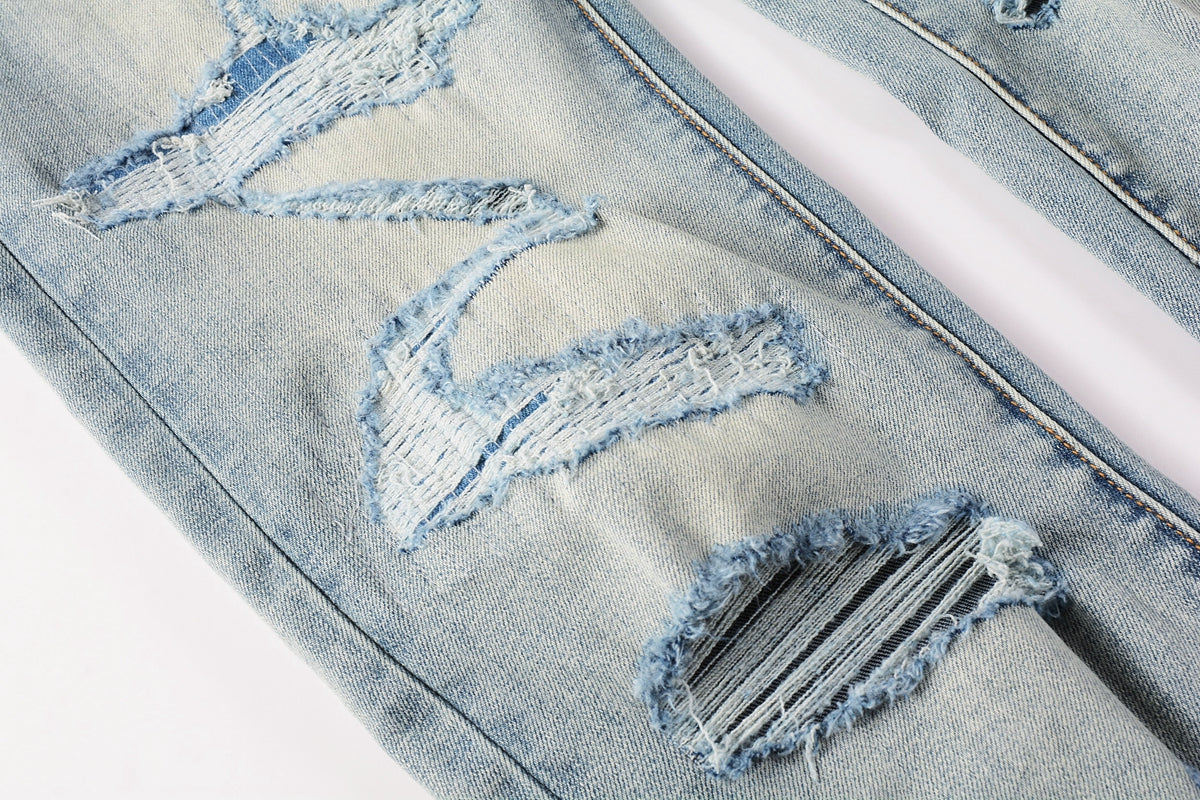 Men Streetwear Skinny Jeans Light Blue Wash with Subtle White Pattern Wash 9013