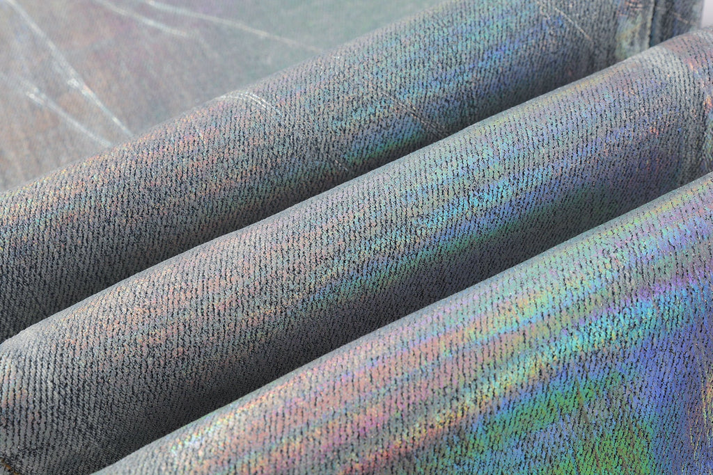 Men Streetwear Skinny Jeans Light Blue Wash with Holographic Iridescent Finish 9005