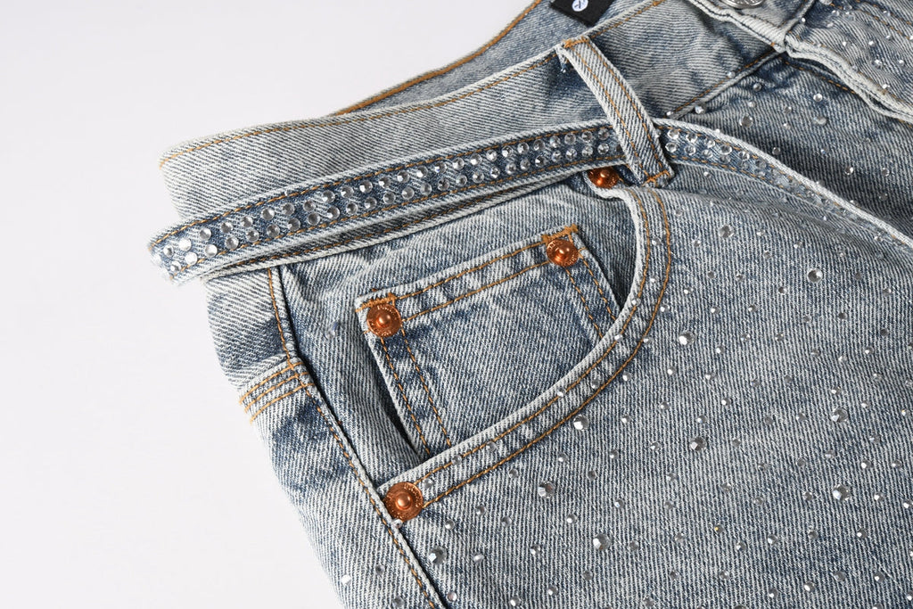 Men Streetwear Straight Denim Shorts Grey Wash with Rhinestone Speckles and Seam Accents 5096