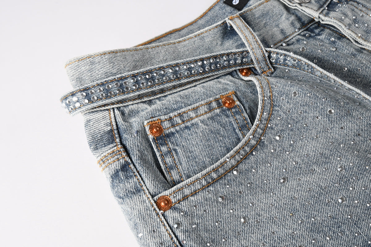 Men Streetwear Straight Denim Shorts Grey Wash with Rhinestone Speckles and Seam Accents 5096