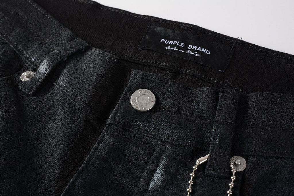 Men Streetwear Skinny Jeans Black Wash with Subtle Sheen and Tag Accent 9082