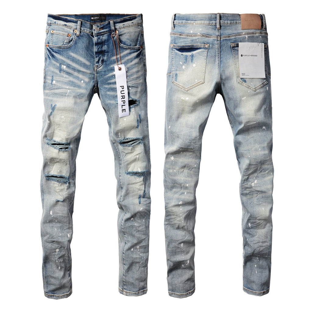 Men Streetwear Skinny Jeans Light Blue Wash with Heavy Distressed Rips and White Paint Splatter 9003