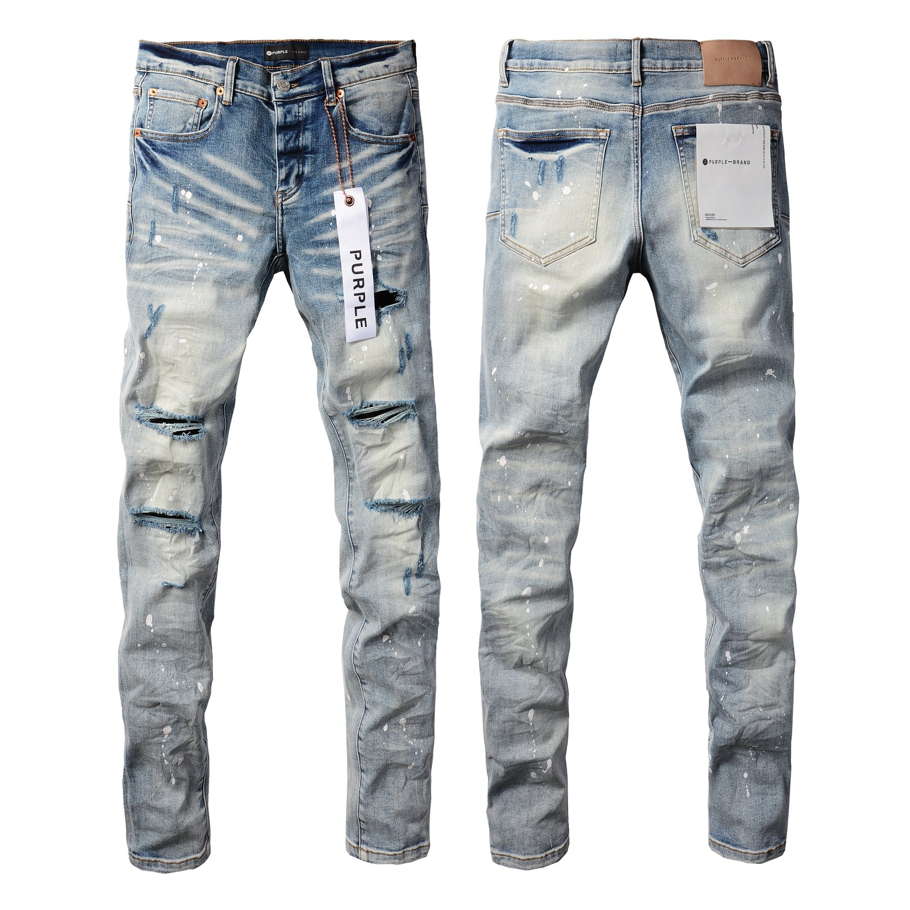 Men Streetwear Skinny Jeans Light Blue Wash with Heavy Distressed Rips and White Paint Splatter 9003