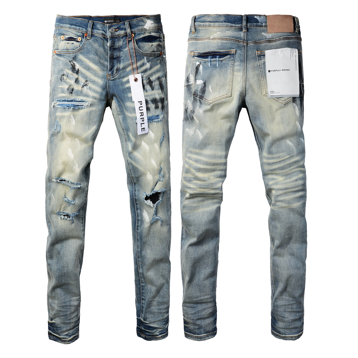 Men Classic Streetwear Jeans DistressedBlue Paint Slash Skinny 9037
