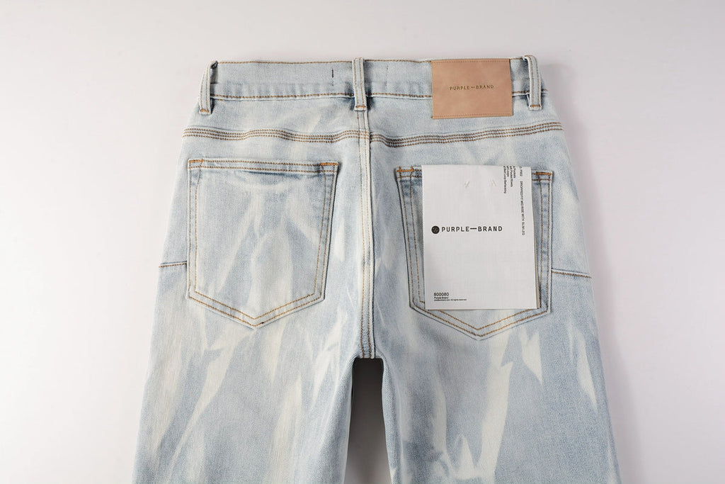 Men Streetwear Skinny Jeans Light Blue Wash with White Brushstroke Texture 7017