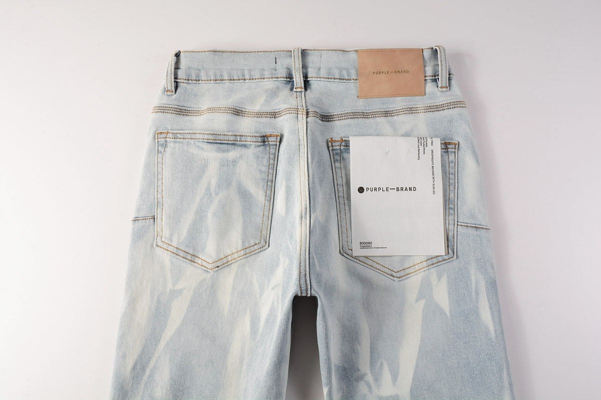Men Streetwear Skinny Jeans Light Blue Wash with White Brushstroke Texture 7017