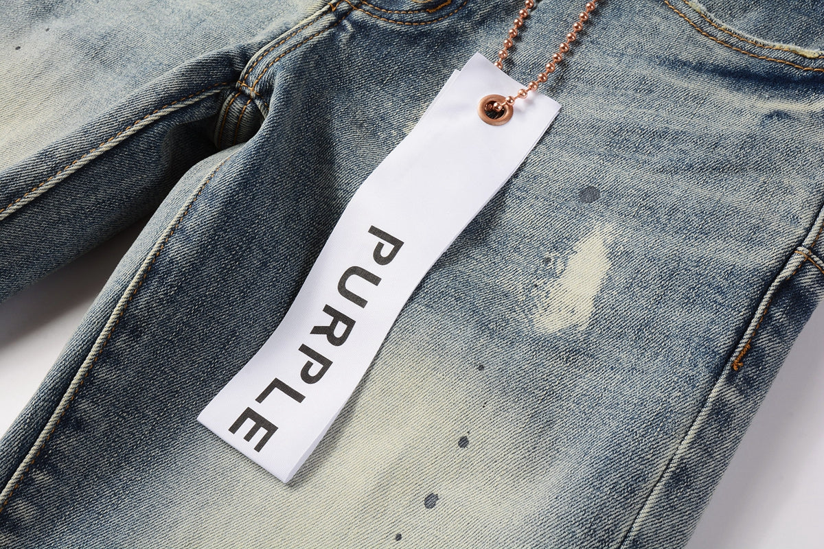 Men Streetwear Jeans Distressed Light Blue Paint Dot Ripped skinny 9092