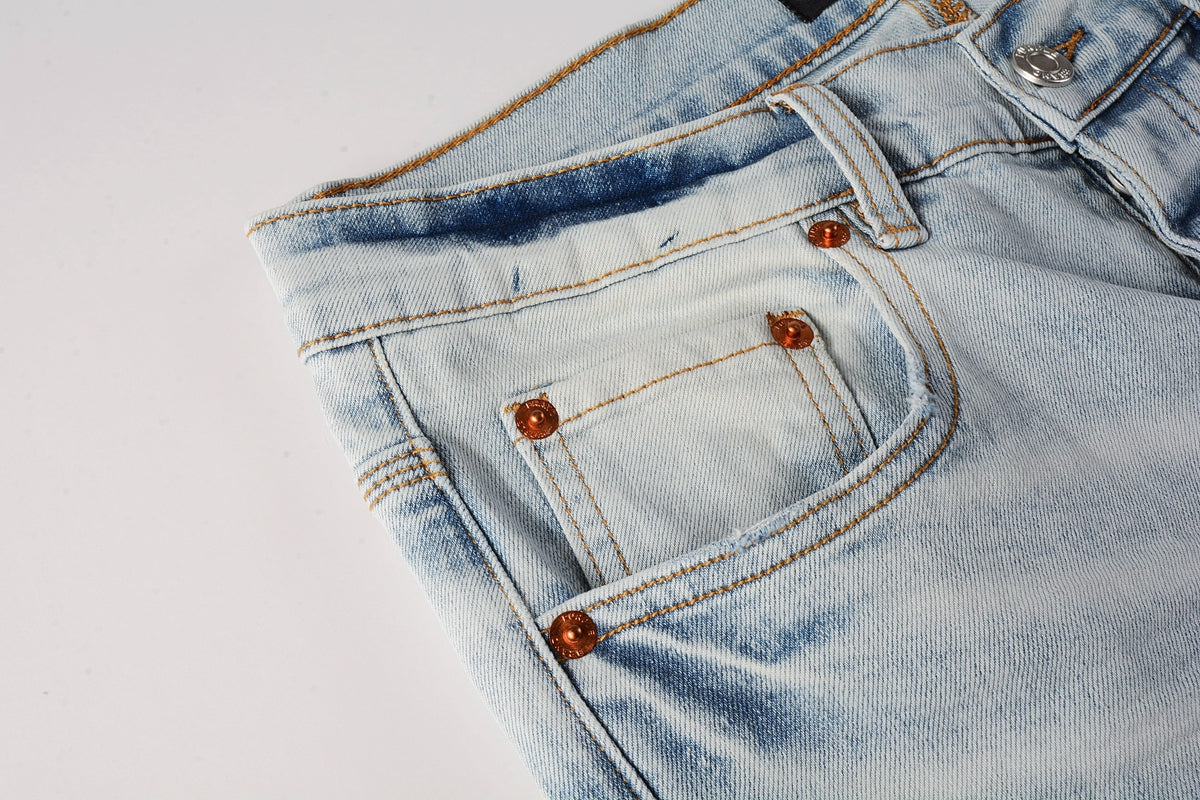 Men Streetwear Skinny Jeans Light Blue Wash with White Paint Splatter and Subtle Distress 9006