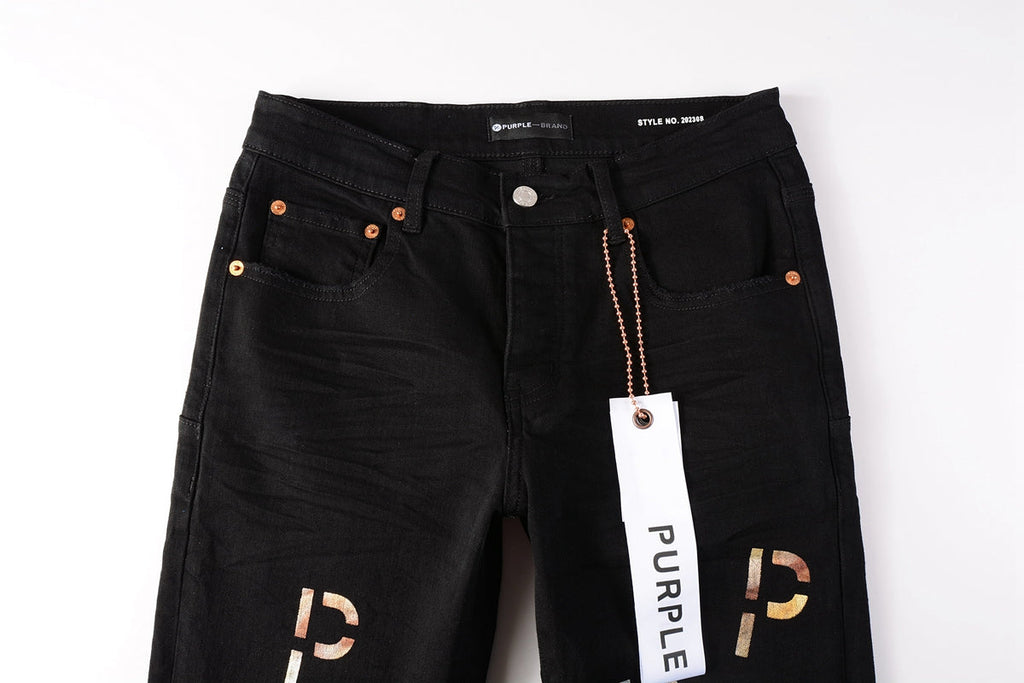 Men Streetwear Skinny Jeans Black Wash with All-Over Metallic Gold "P" Print 9008